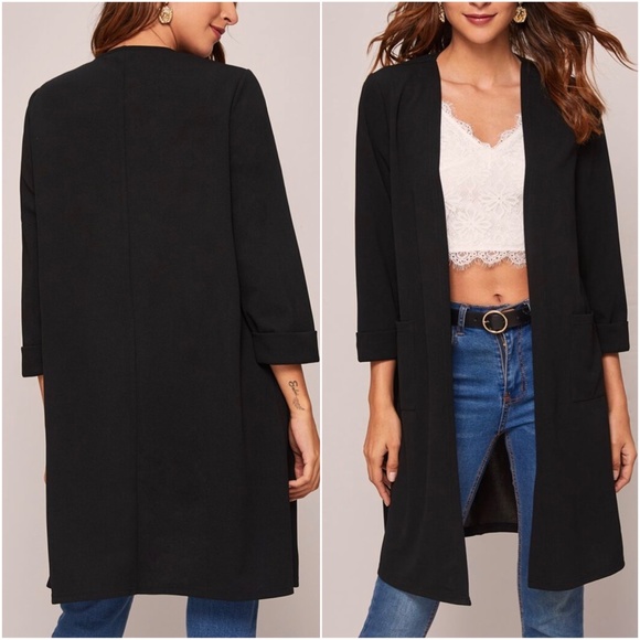 Classic Black Open Front 3/4 Sleeve Light Jacket Coat - Picture 2 of 2